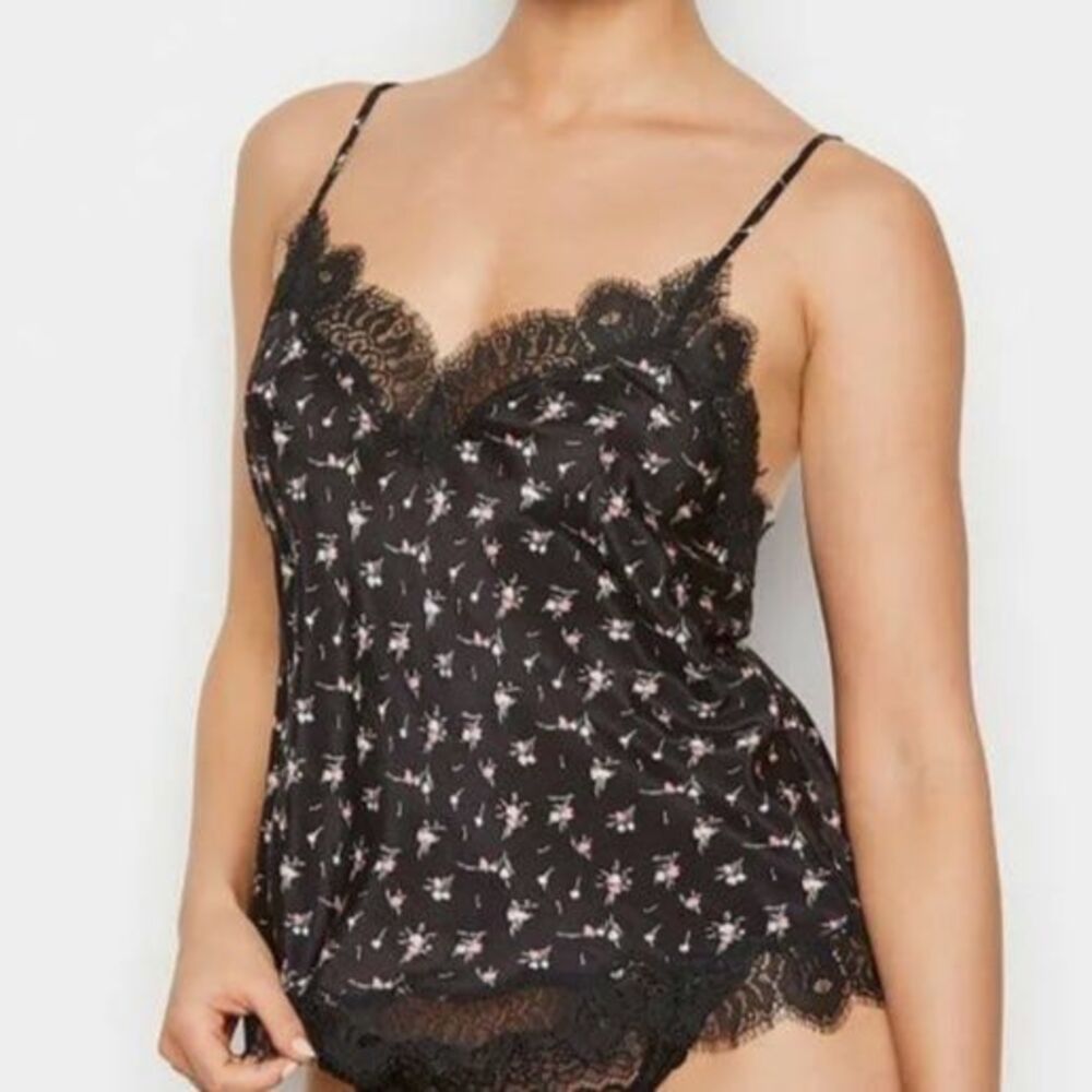 Victoria's Secret Black Pink Floral Chantilly Lace Cami Tank M